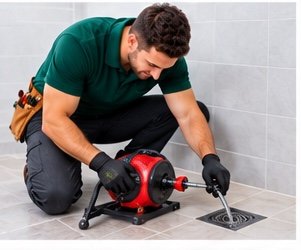 Plumber clearing a blocked floor drain with a drain machine