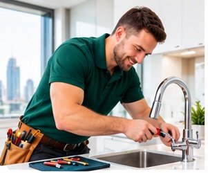 Plumber repairing a kitchen tap in a Dubai apartment