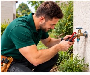 Plumber repairing a leaking outdoor garden tap in Dubai