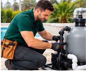 Plumber servicing a swimming pool pump and filter in Dubai