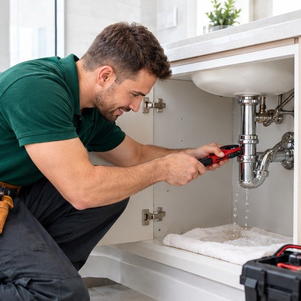 Professional plumber repairing a sink pipe in a Dubai home