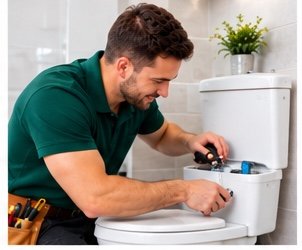 Plumber repairing a toilet flush tank in Dubai