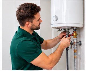 Plumber installing a wall-mounted water heater (geyser)
